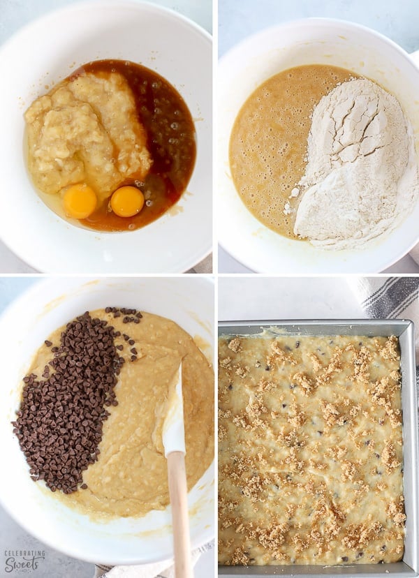 Banana bread batter in a large white bowl.