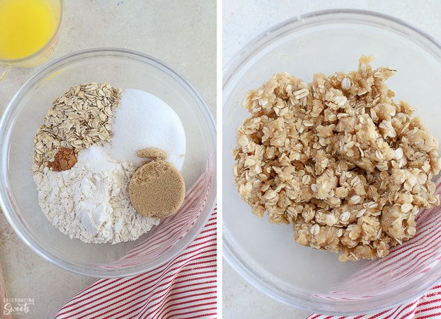 Brown sugar crumble in a glass bowl for a Berry Crisp.