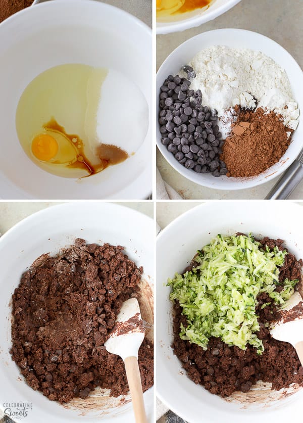 Ingredients in a white bowl for zucchini brownies.