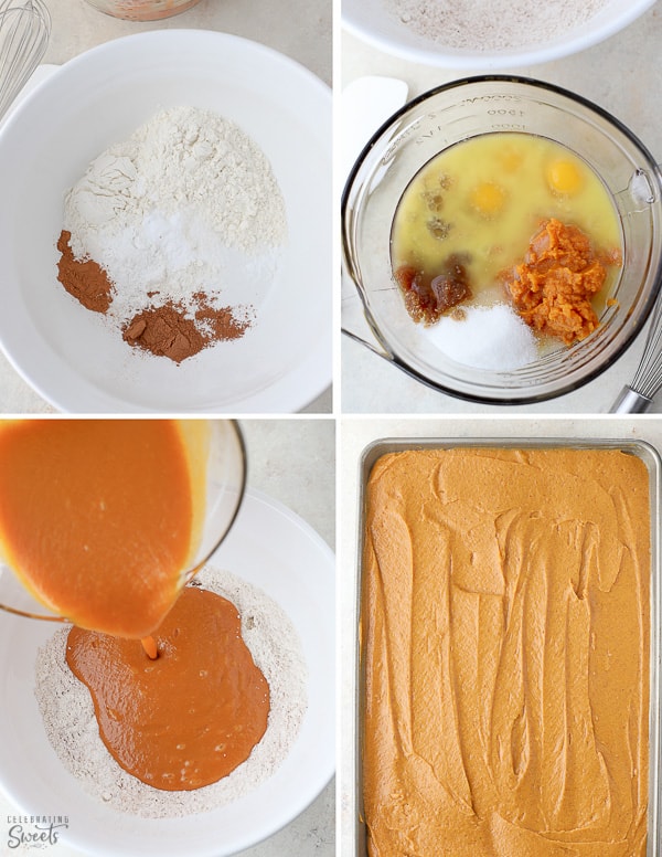 Ingredients and cake batter for pumpkin bars (in bowls and a pan).