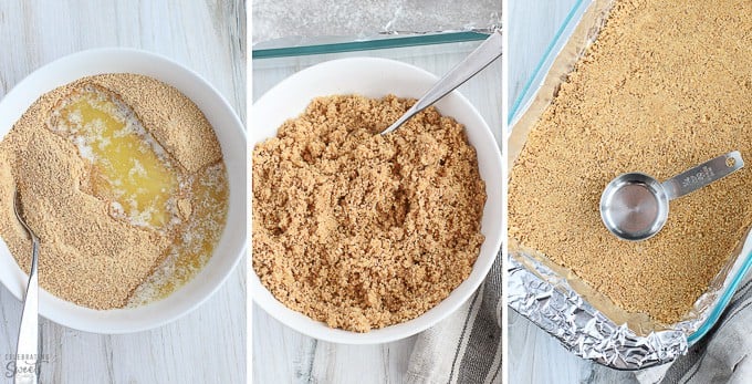 Graham cracker crumbs in a bowl and graham cracker crust in a pan.
