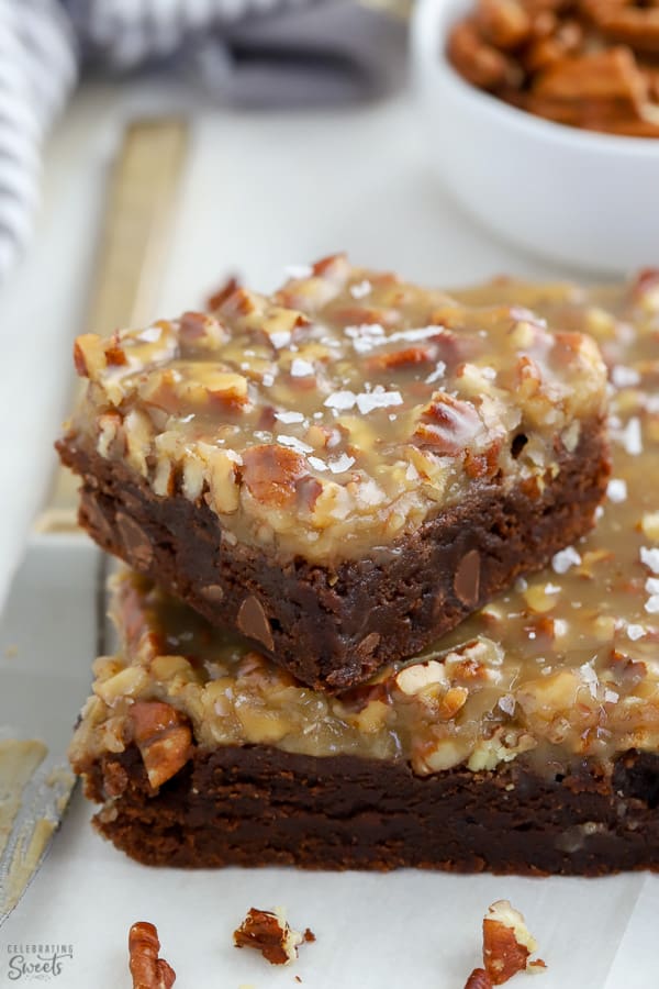 Closeup of brownies with pecan topping