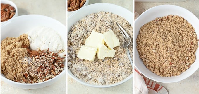 Streusel topping in a white bowl