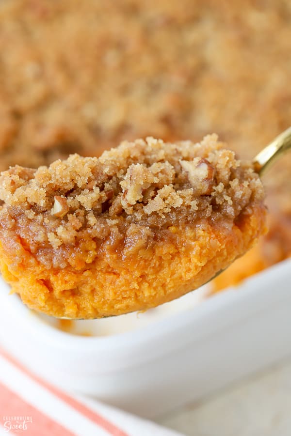 Sweet potato souffle on a large spoon