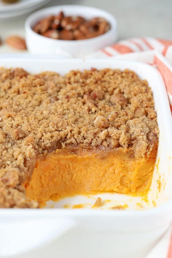 Sweet potato souffle in a white baking dish