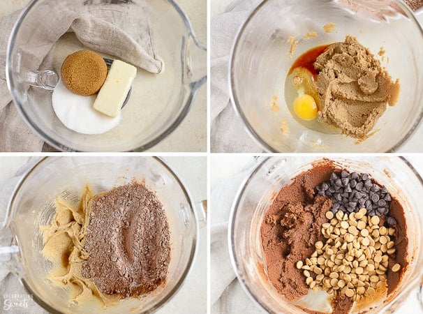 Chocolate peanut butter cookie dough in a glass bowl