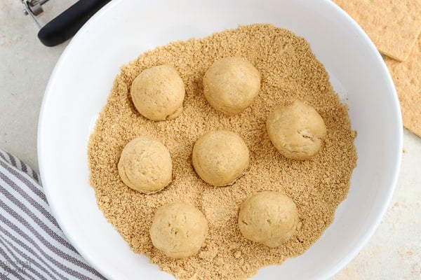 Cookie dough balls in a bowl with graham cracker crumbs