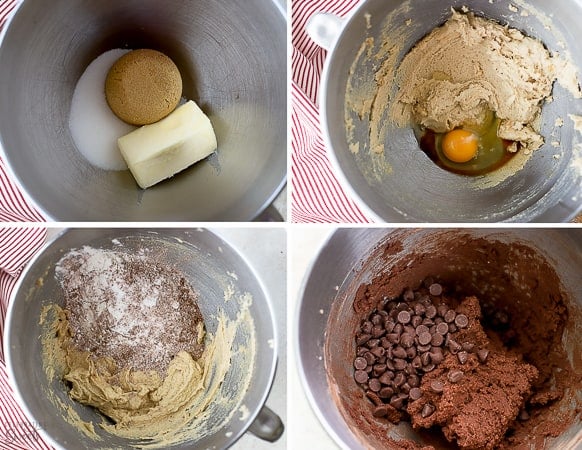 Chocolate cookie dough in a stainless steel bowl