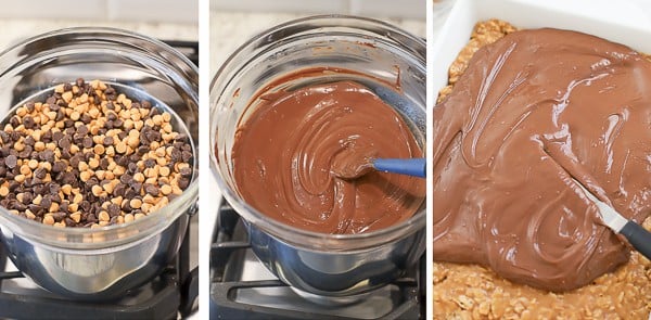 Melted chocolate in a bowl and being spread over cereal bars