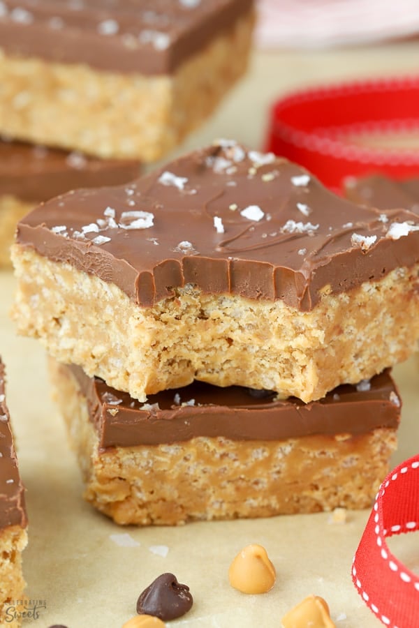 Stack of two cereal bars topped with chocolate