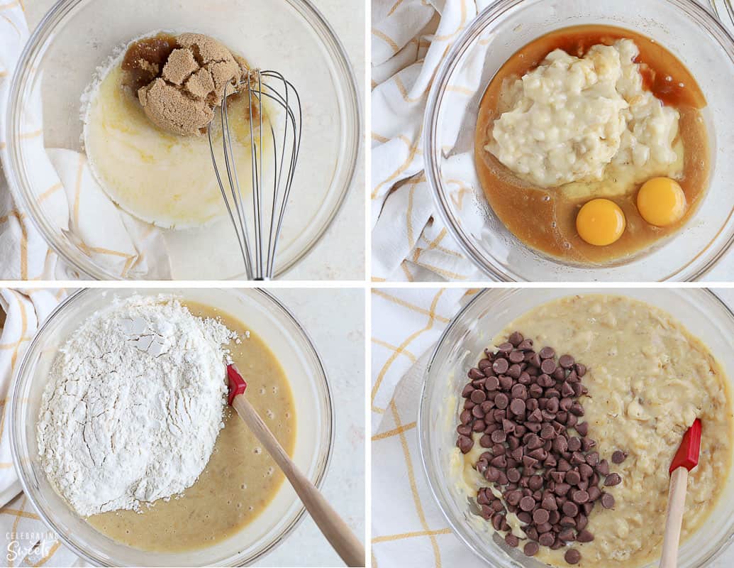 Ingredients for Banana Chocolate Chip Muffins in a glass bowl