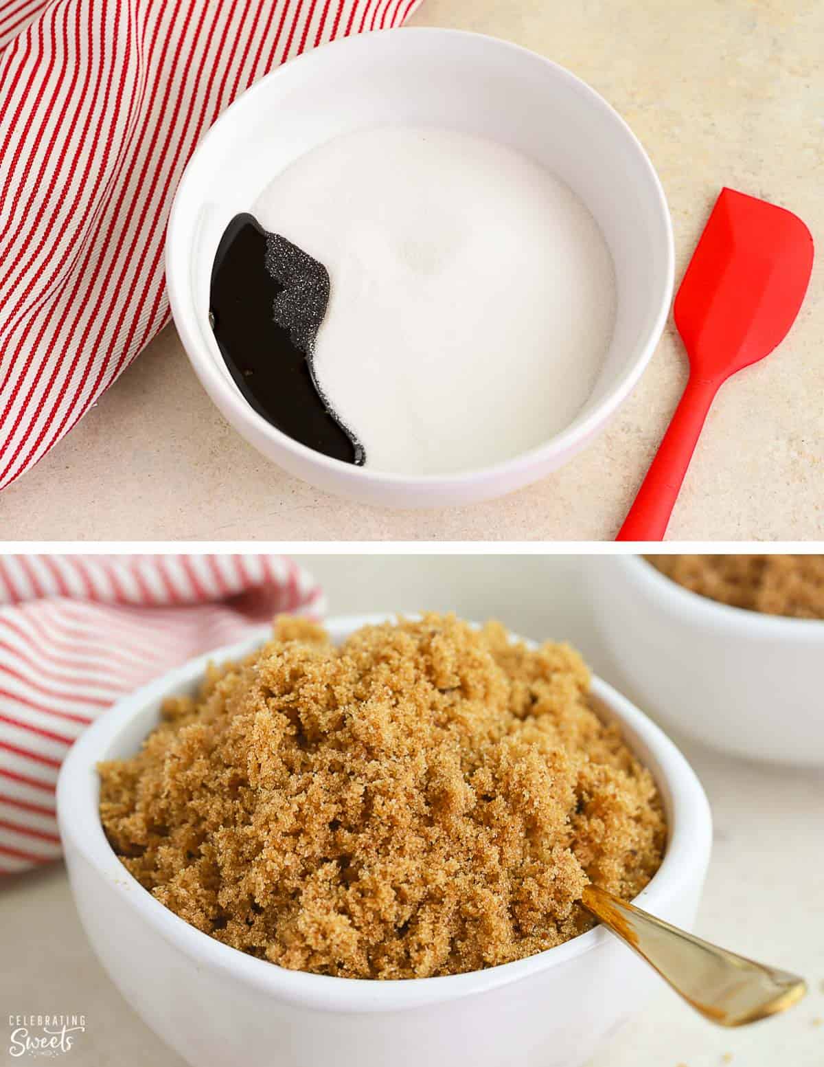 White sugar and molasses in a bowl and brown sugar in a bowl