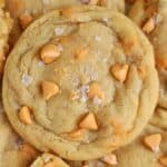 Closeup of a butterscotch cookie topped with flaky sea salt.