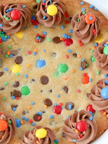 Close up of cookie cake topped with M&M's