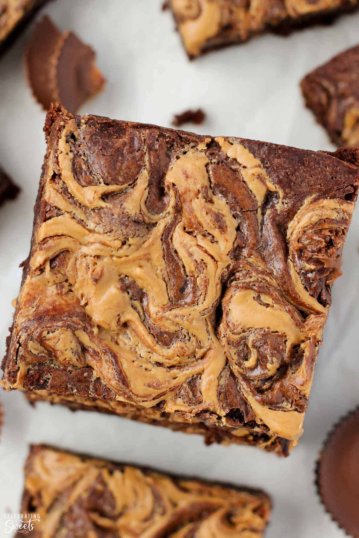 Closeup of a brownie with a peanut butter swirl
