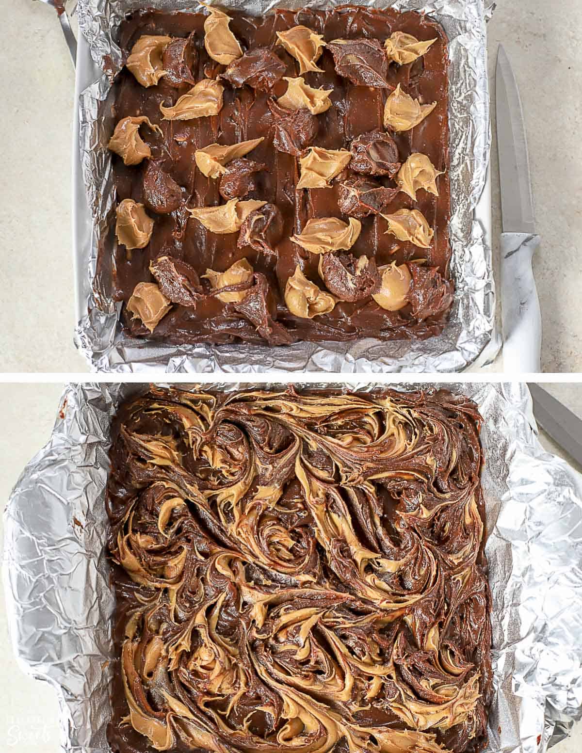 Brownie batter in a pan topped with peanut butter