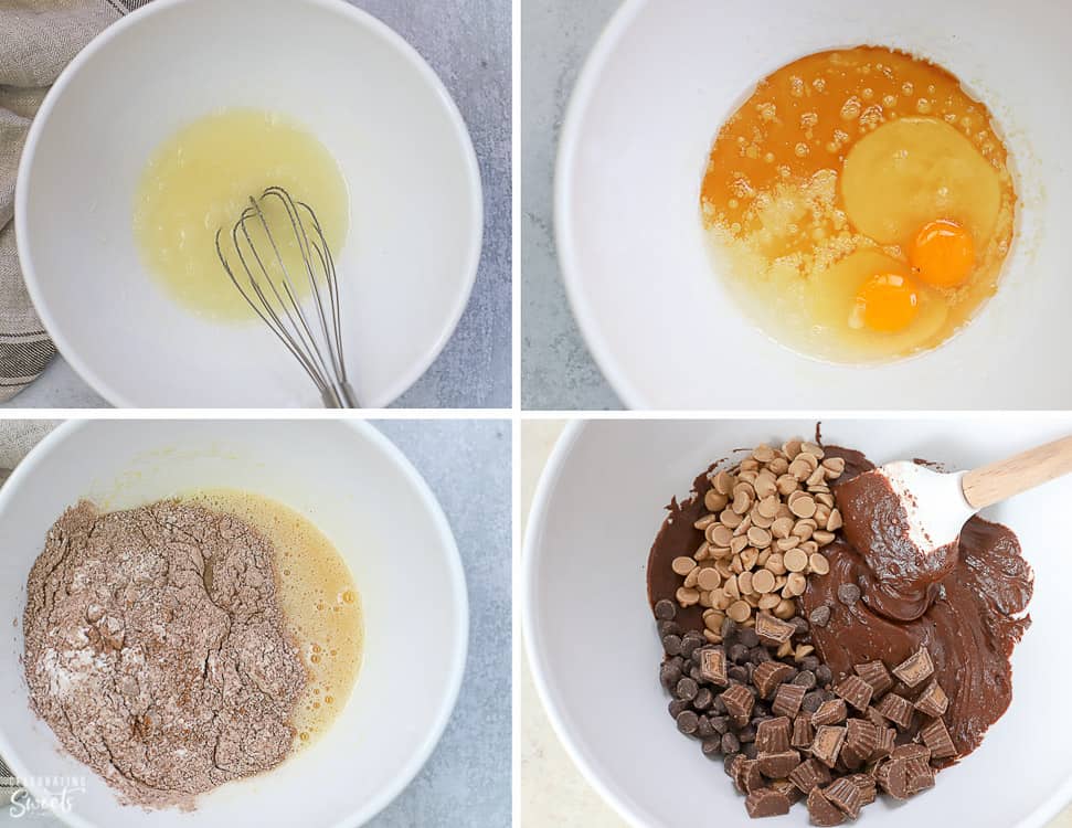 Brownie batter in a large white bowl
