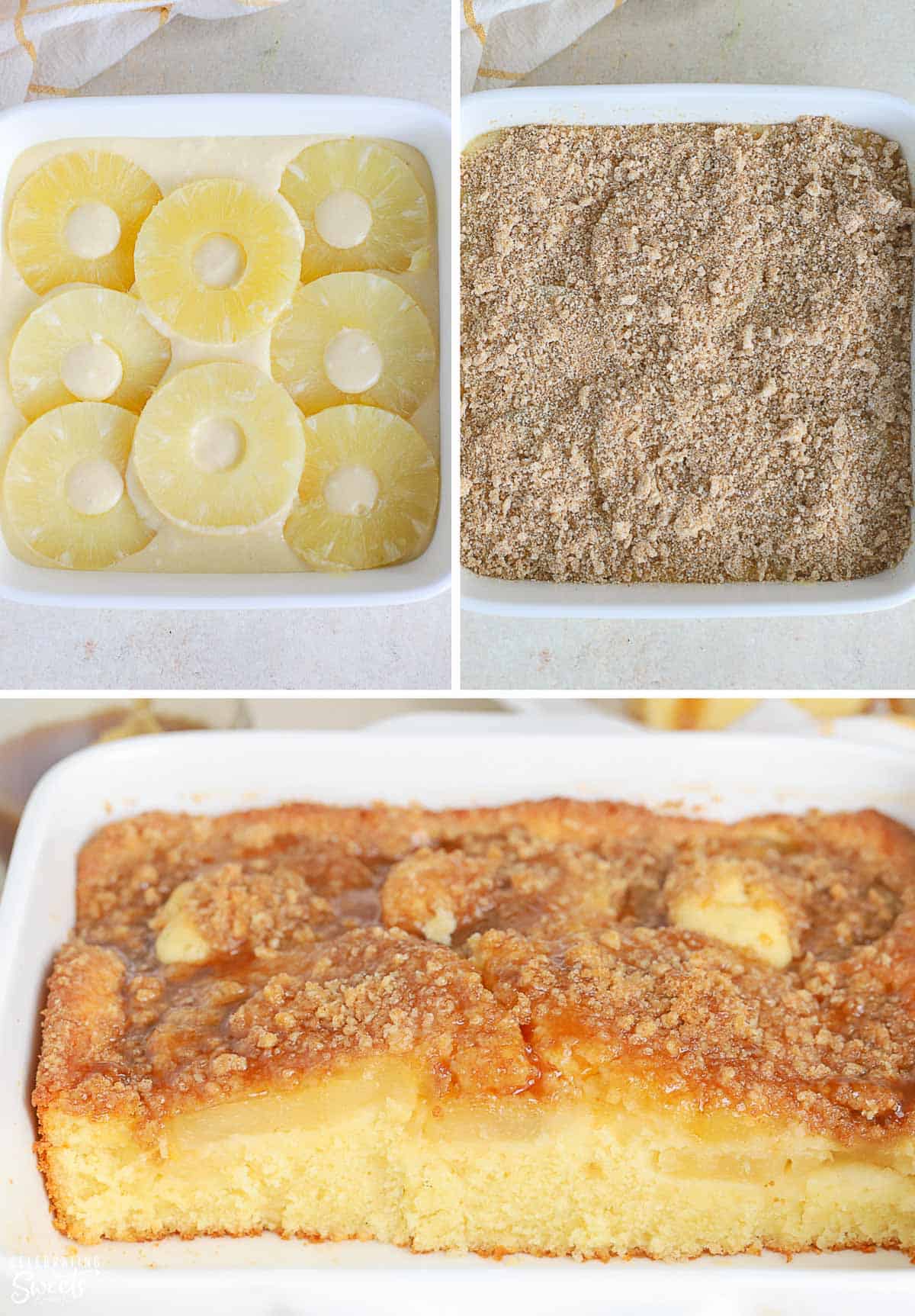 Collage of pineapple cake and pineapple cake batter in a baking dish
