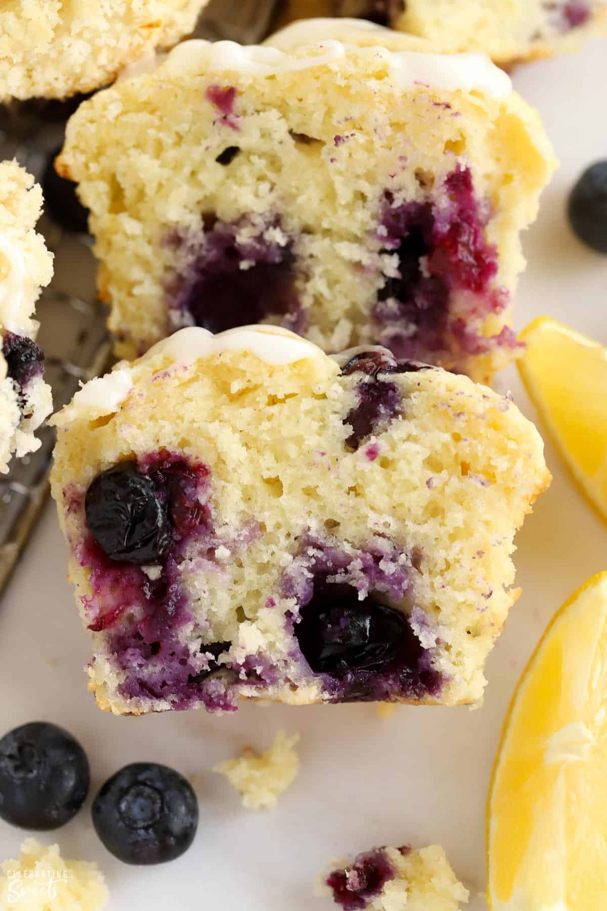Closeup of a lemon blueberry muffin cut in half.