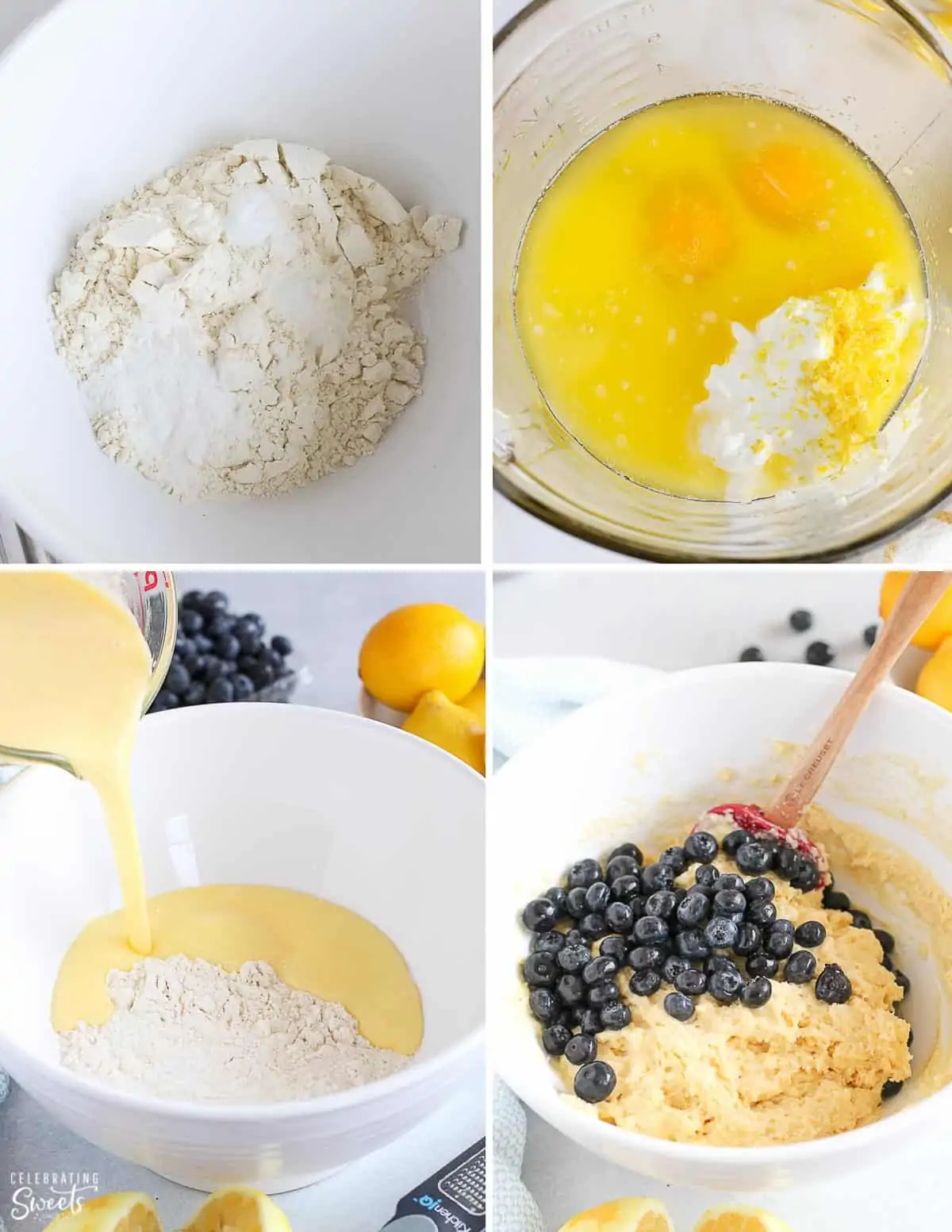 Lemon blueberry muffin batter in a white bowl.