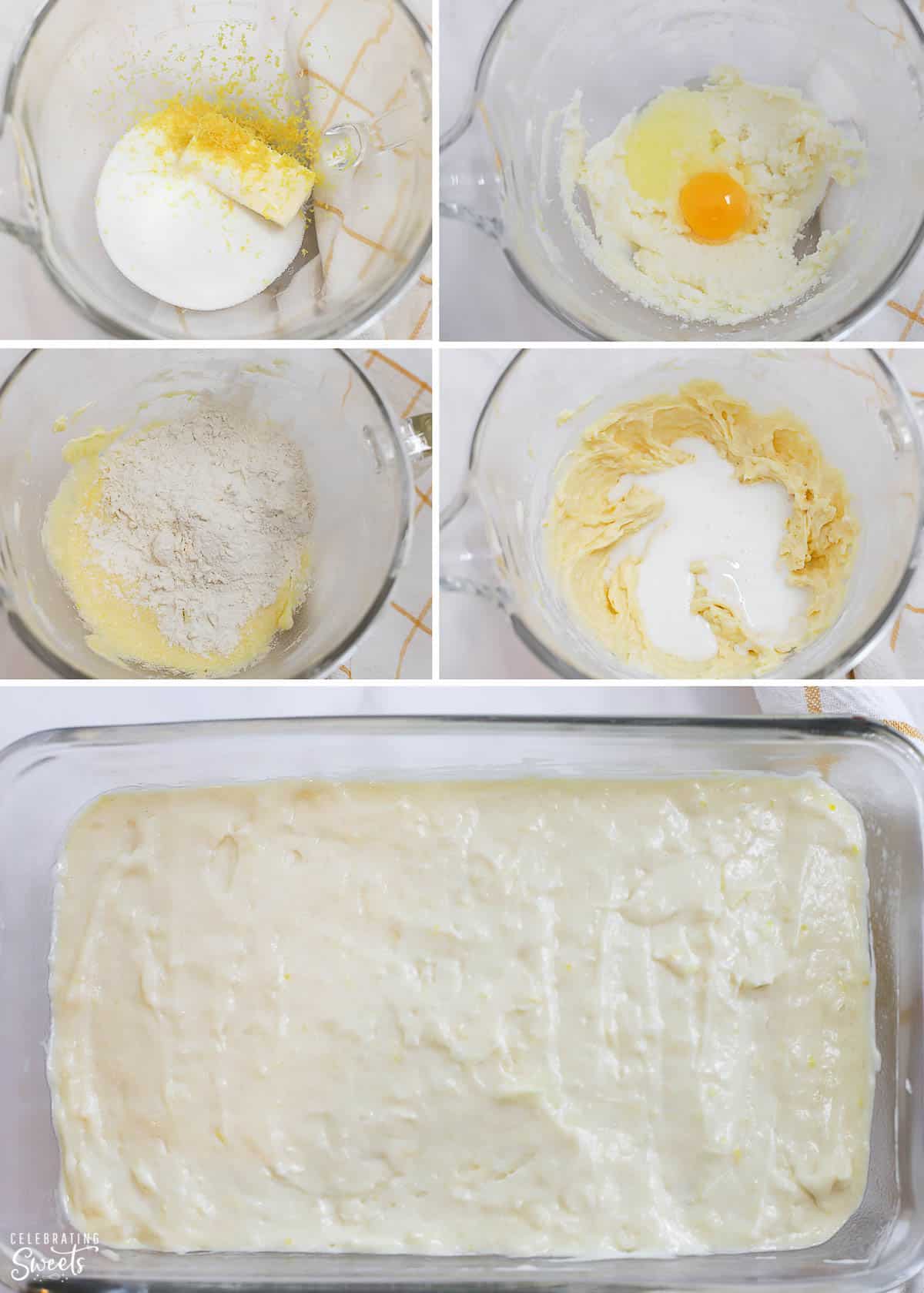 Cake batter in a glass bowl and in a loaf pan