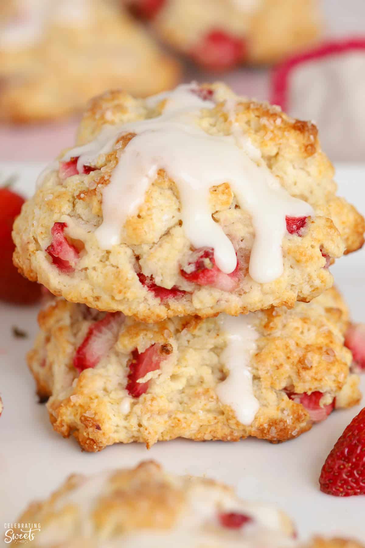 Stack of two strawberry biscuits on top of each other.