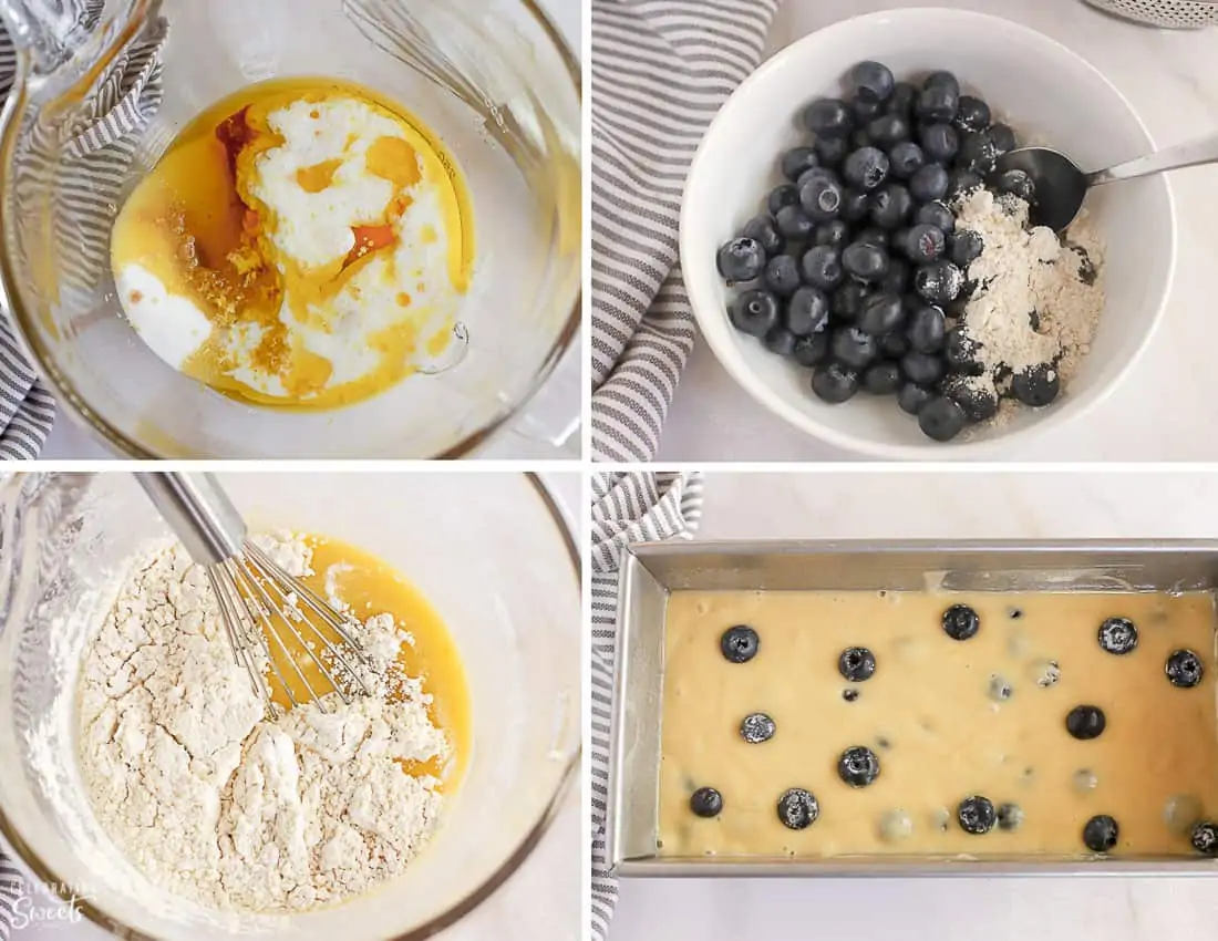 Blueberry bread batter in a bowl and in a loaf pan