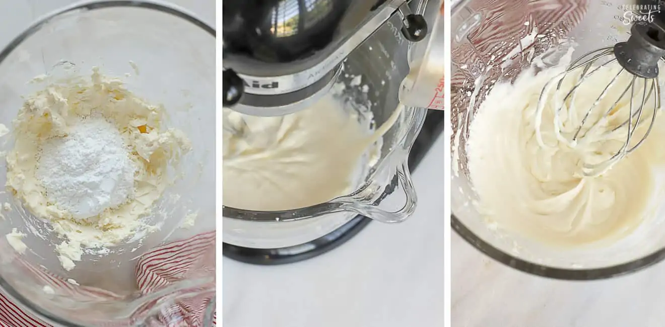 Cheesecake dip in a glass mixing bowl