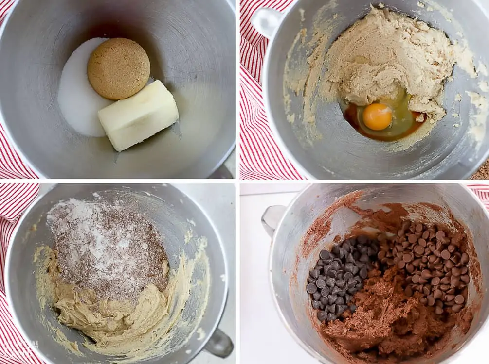 Chocolate cookie dough in a stainless bowl
