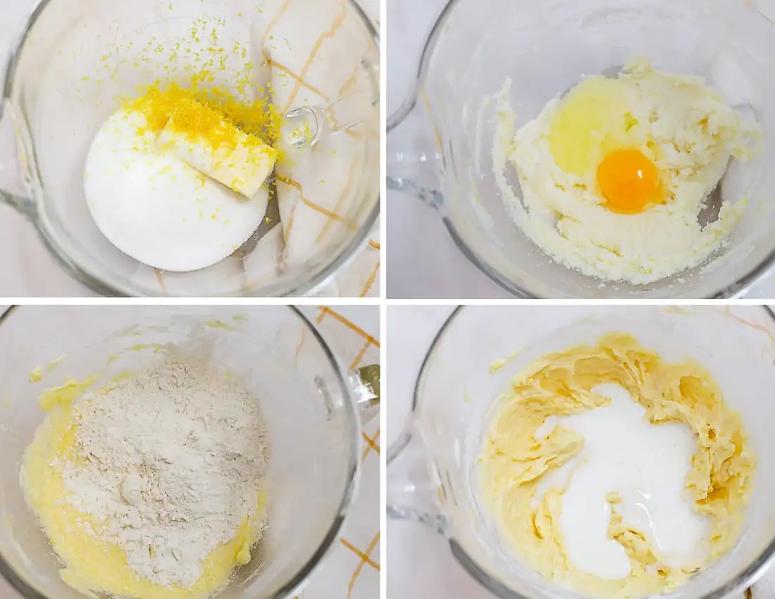 Lemon cake batter in a glass bowl.
