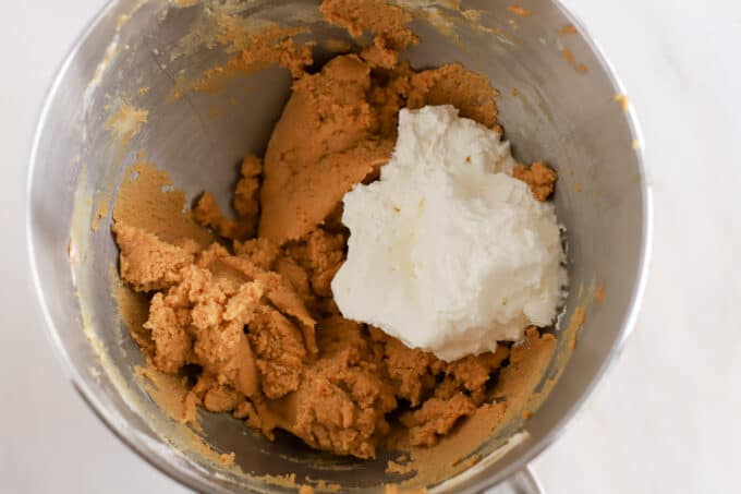 Peanut butter pie filling (peanut butter and whipped cream) in a stainless bowl