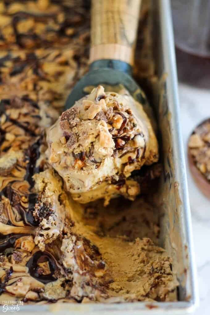 Scoop of coffee ice cream with fudge swirls