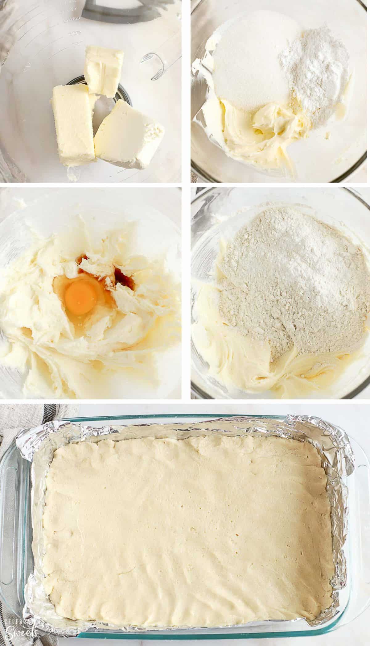 Sugar cookie dough in a bowl and pressed into a pan.