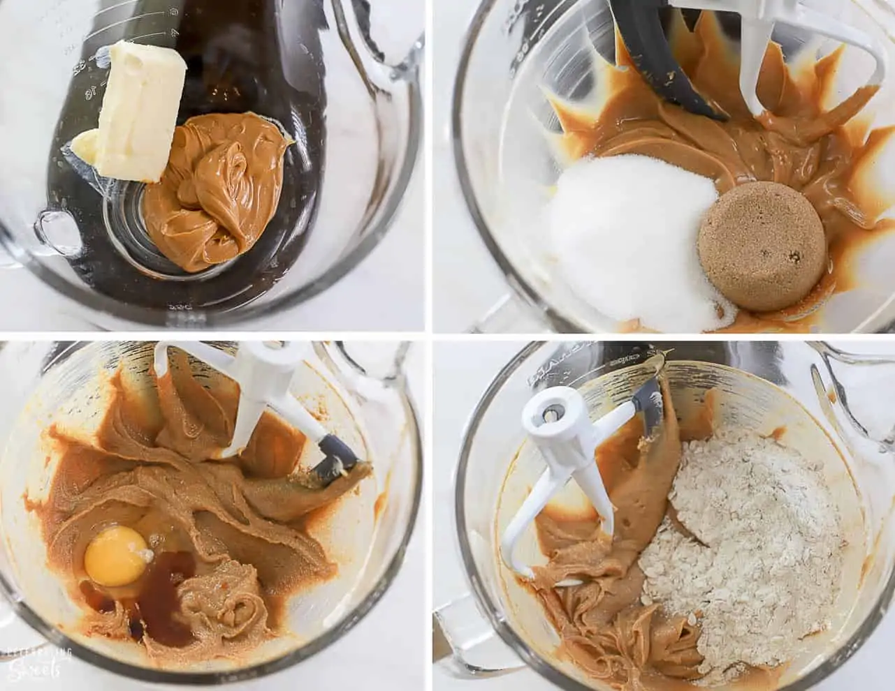 Monster cookie dough in a glass mixing bowl