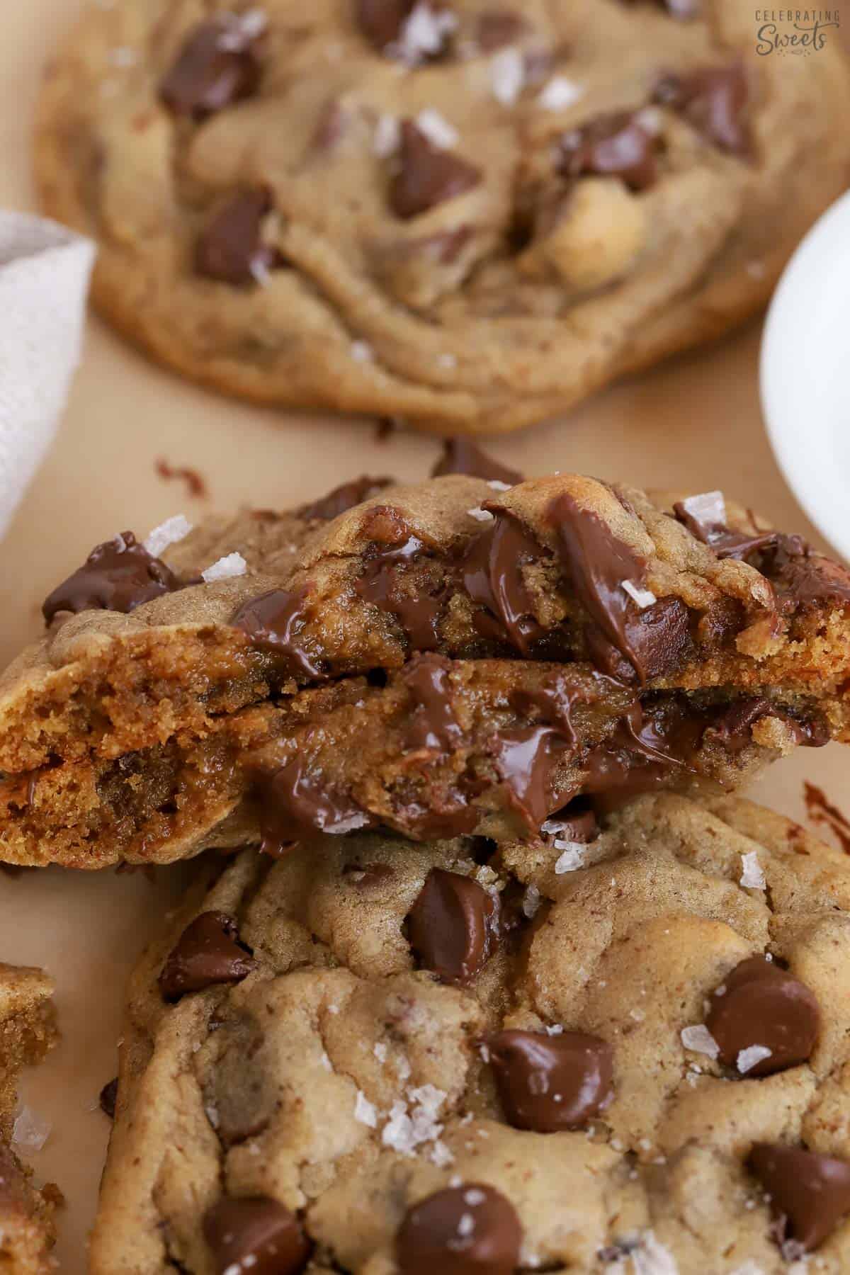 Closeup of espresso chocolate chip cookies with melted chocolate chips.