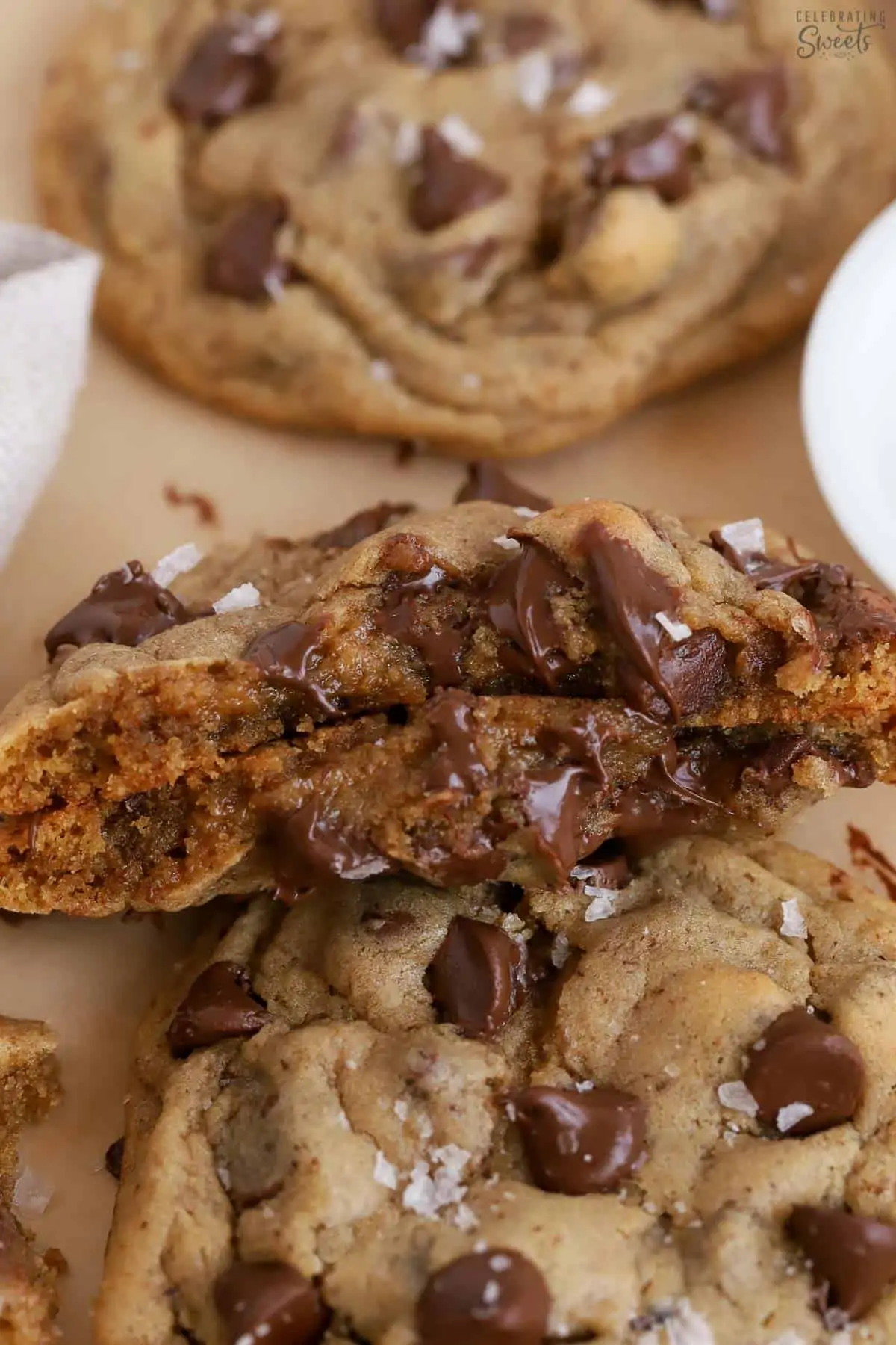 Closeup of espresso chocolate chip cookies with melted chocolate chips.