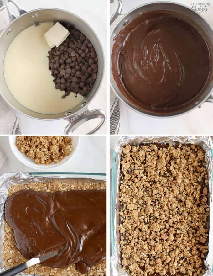 Step by step collage how to make Oatmeal Fudge Bars. Melted chocolate in a saucepan and spread on top of oatmeal crust.