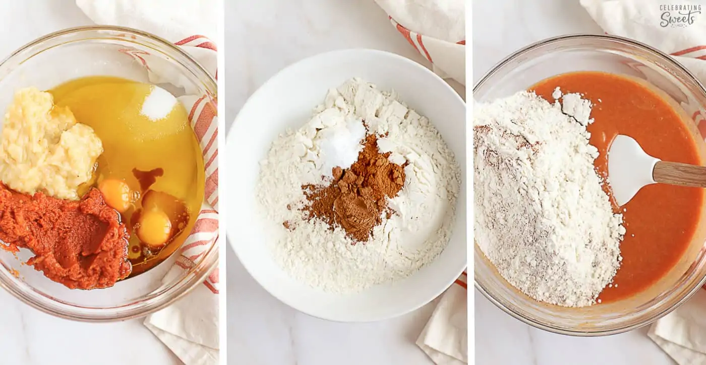 Collage of how to make pumpkin banana bread. Bread batter in a large bowl with a white rubber spatula.