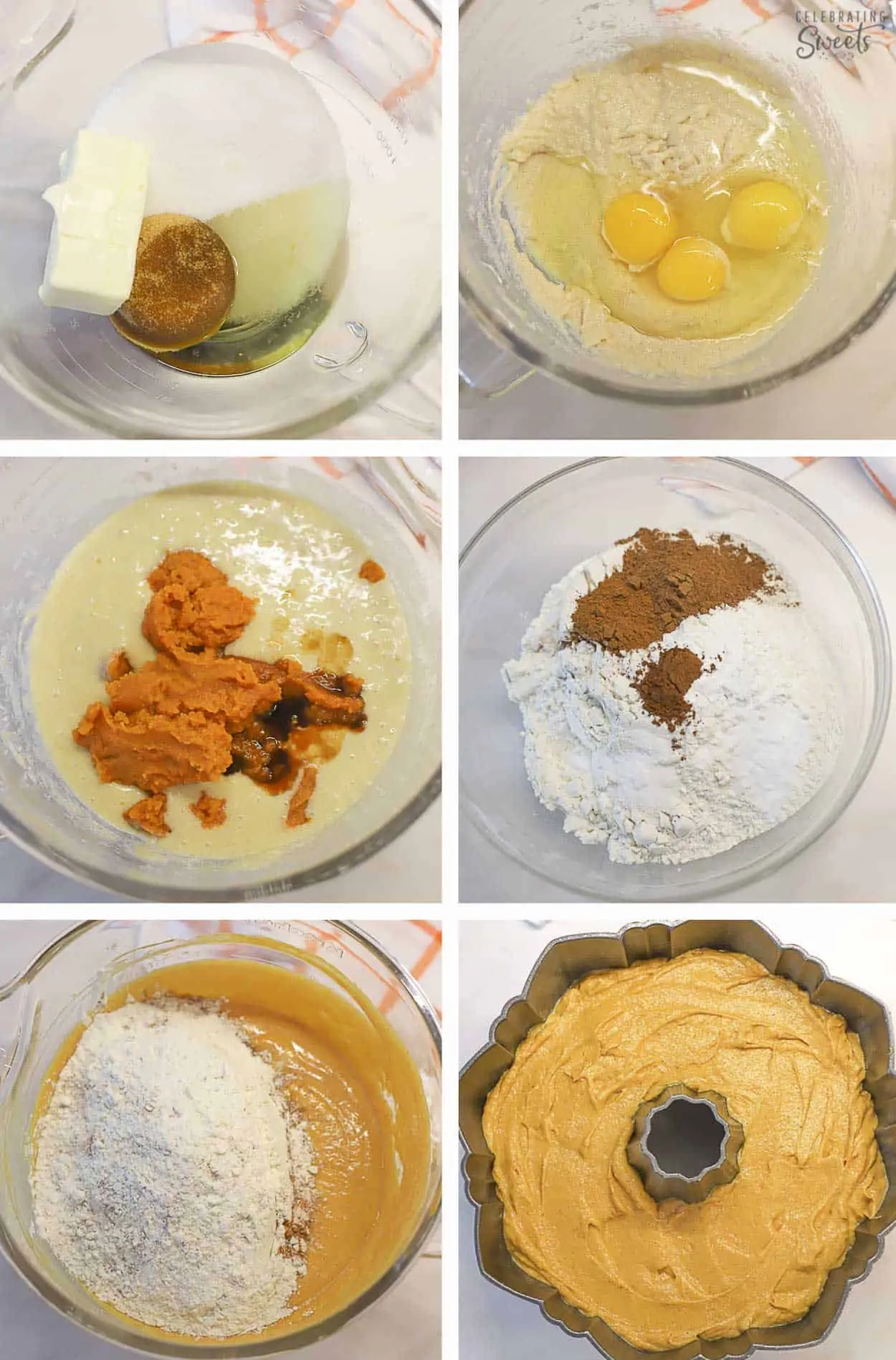 Pumpkin bundt cake batter in a large bowl and in a bundt pan.