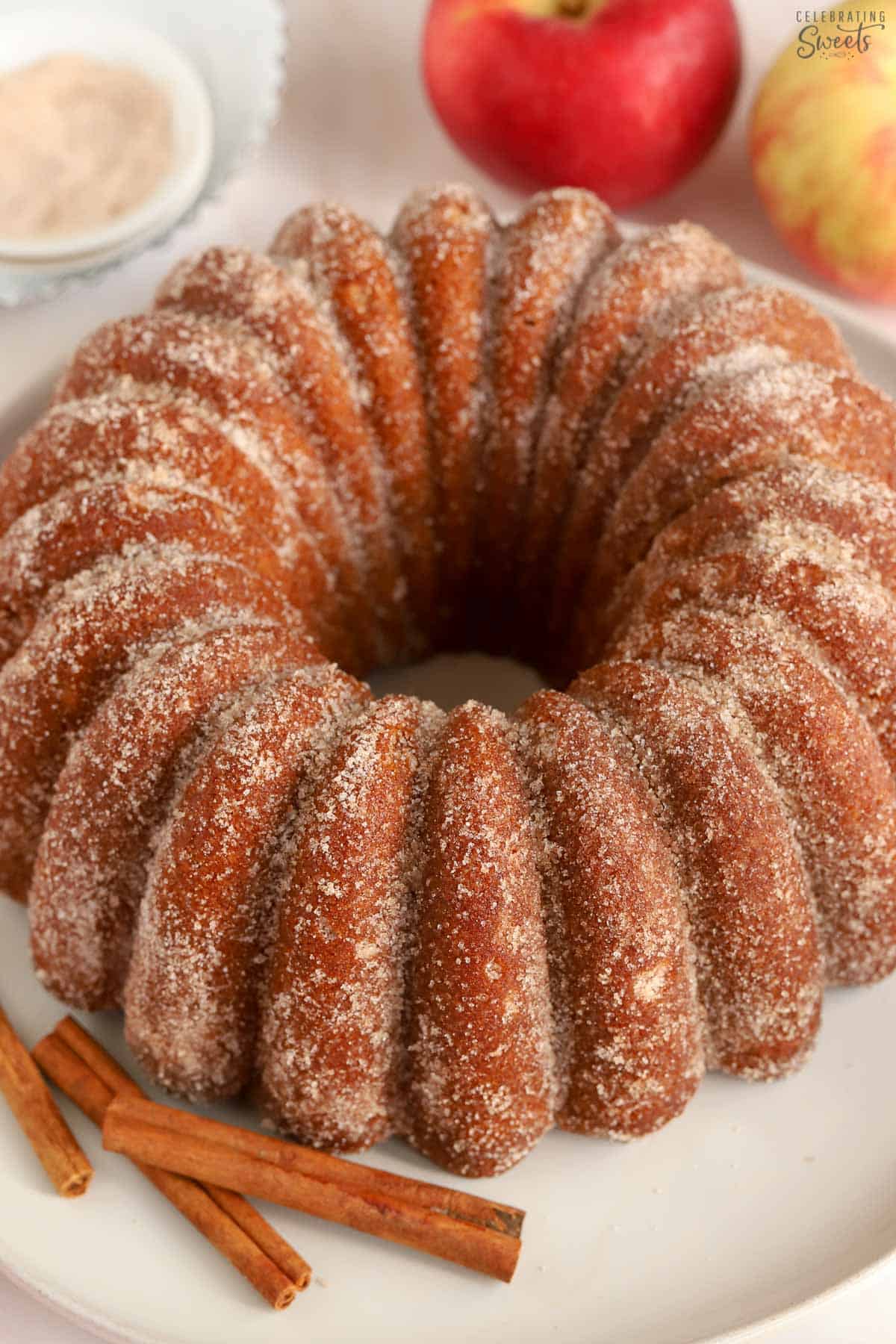 Apple Cider Donut Cake covered in cinnamon sugar on a round white plate.
