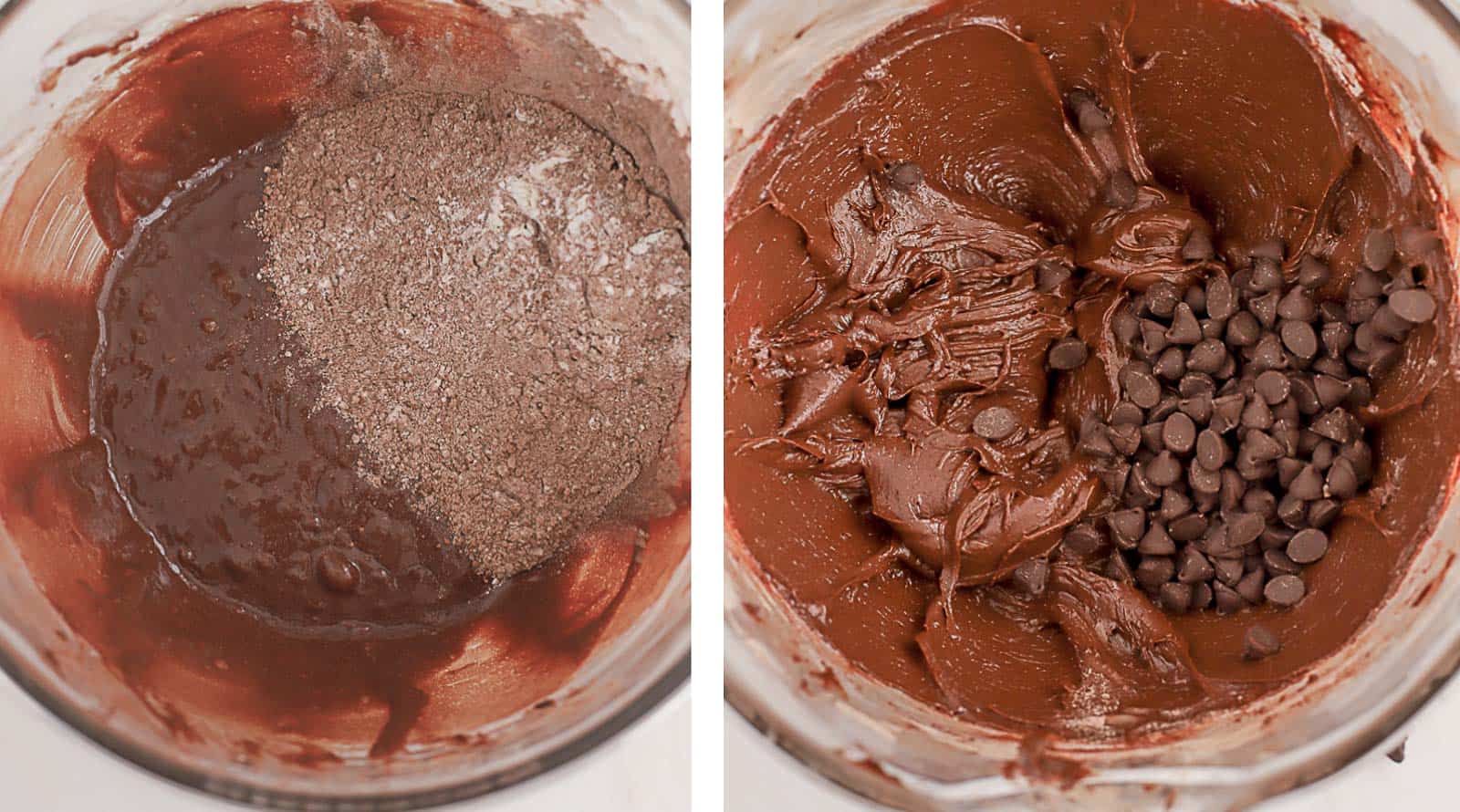 Brownie cookie batter in a large glass bowl.