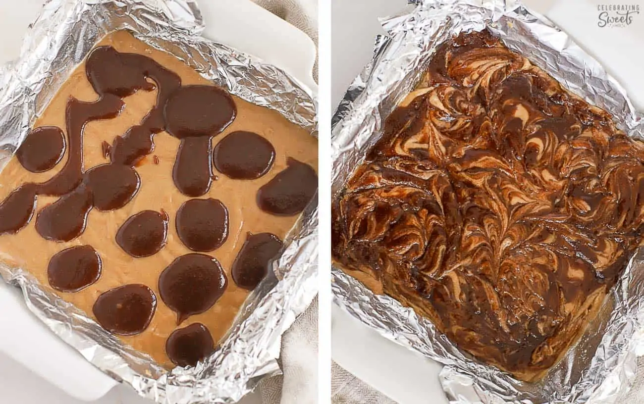Cinnamon roll blondie batter in a foil-lined pan.