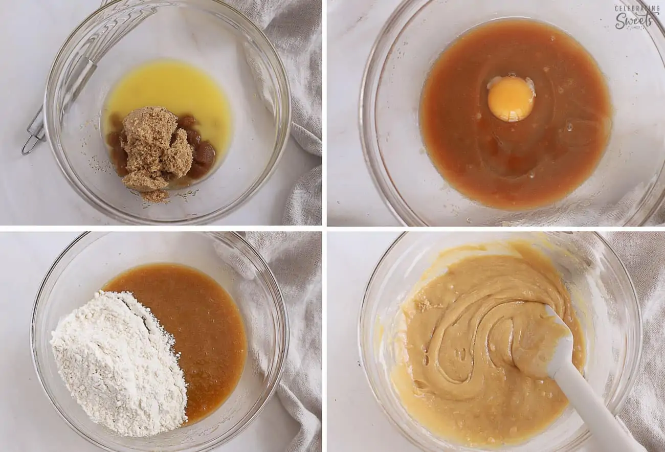Collage how to make blondies: blondie batter in a glass bowl.