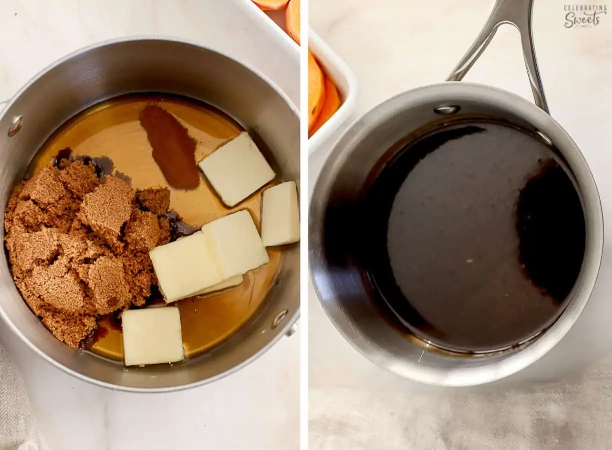 Sauce for candied sweet potatoes (butter, brown sugar, cinnamon, syrup) in a small saucepan.