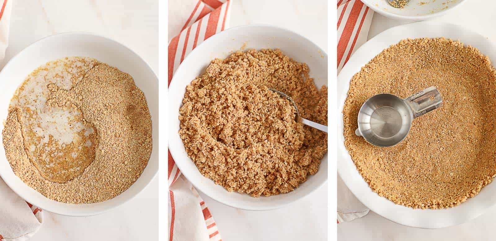 Graham cracker crust collage: graham cracker crumbs and melted butter in a bowl and crust in a white pie dish.