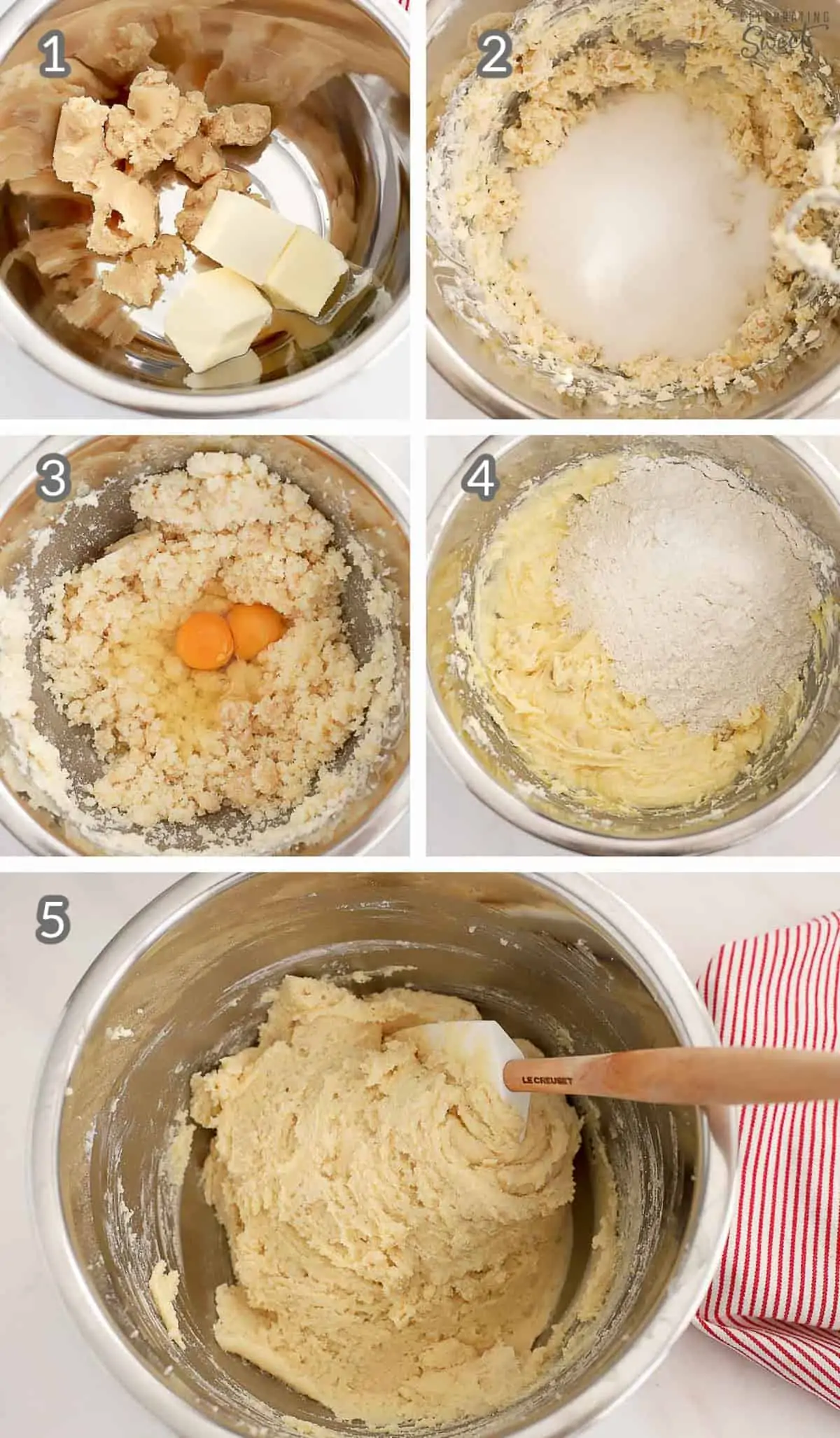Dough for almond bars in a stainless bowl.