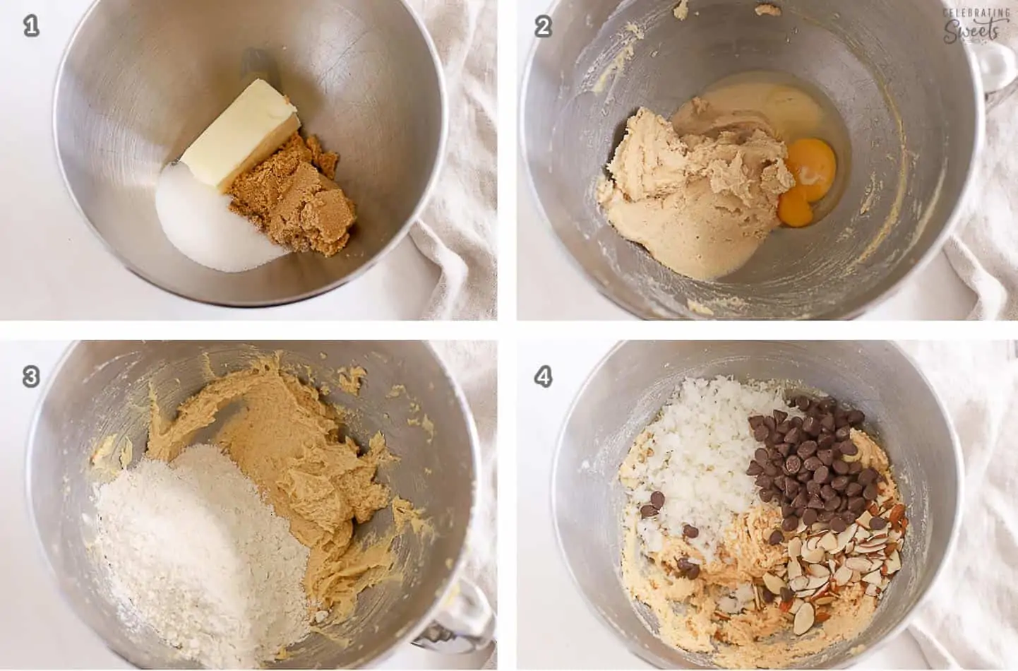 Almond joy cookie dough in a stainless bowl.