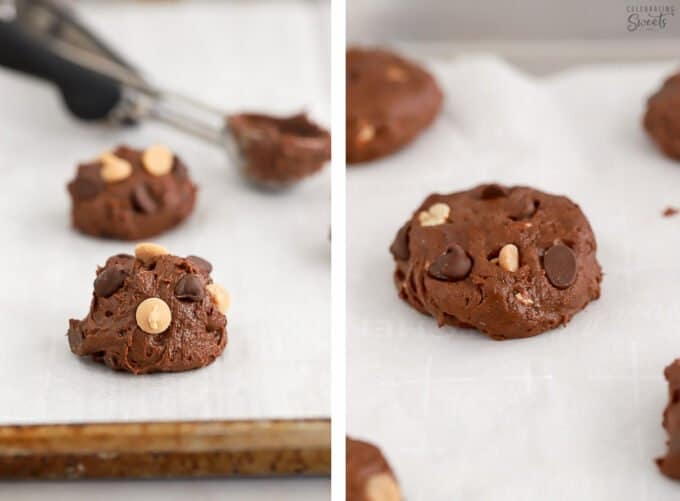 Brownie cookie dough on parchment paper.
