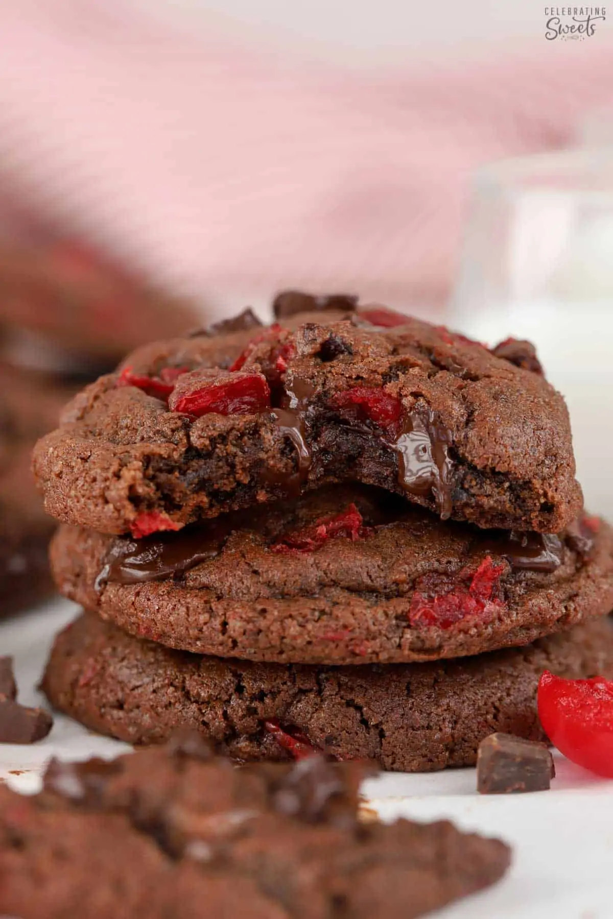 Stack of three chocolate cherry cookies.