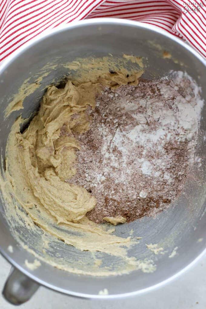 Cookie dough in a mixing bowl.